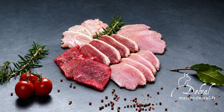 Maison Delval - Boucherie-Charcuterie en ligne - Paniers pierrades classiques et prestige prêt à griller pour 4 à 10 personnes